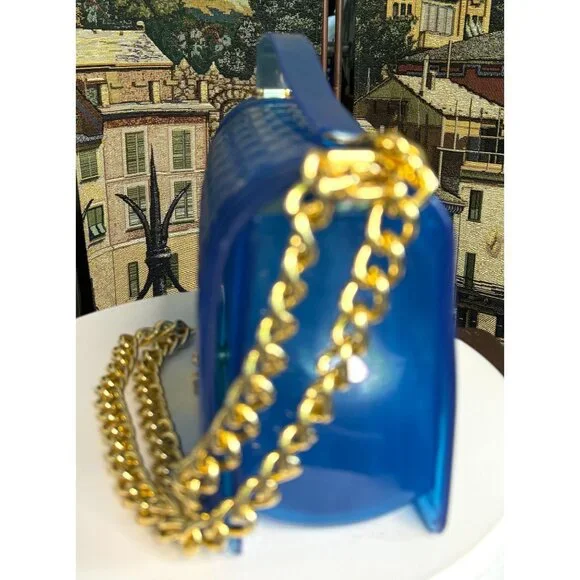 Blue Jelly Shoulder Bag With Chain Strap - Picture 7 of 13